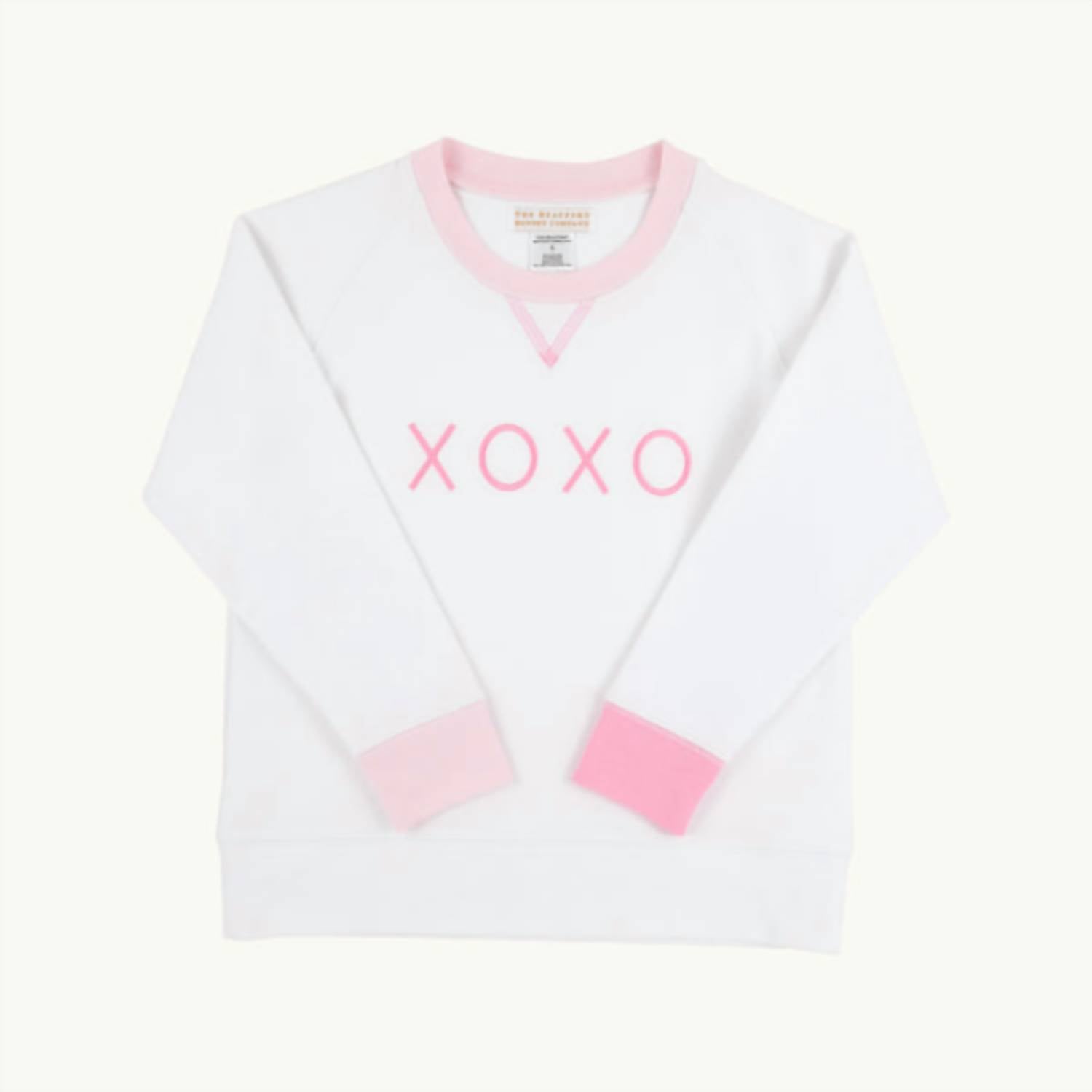 The Beaufort Bonnet Company Cassidy Comfy Crewneck Top in worth avenue white xoxo - kids' sweater - alternate view