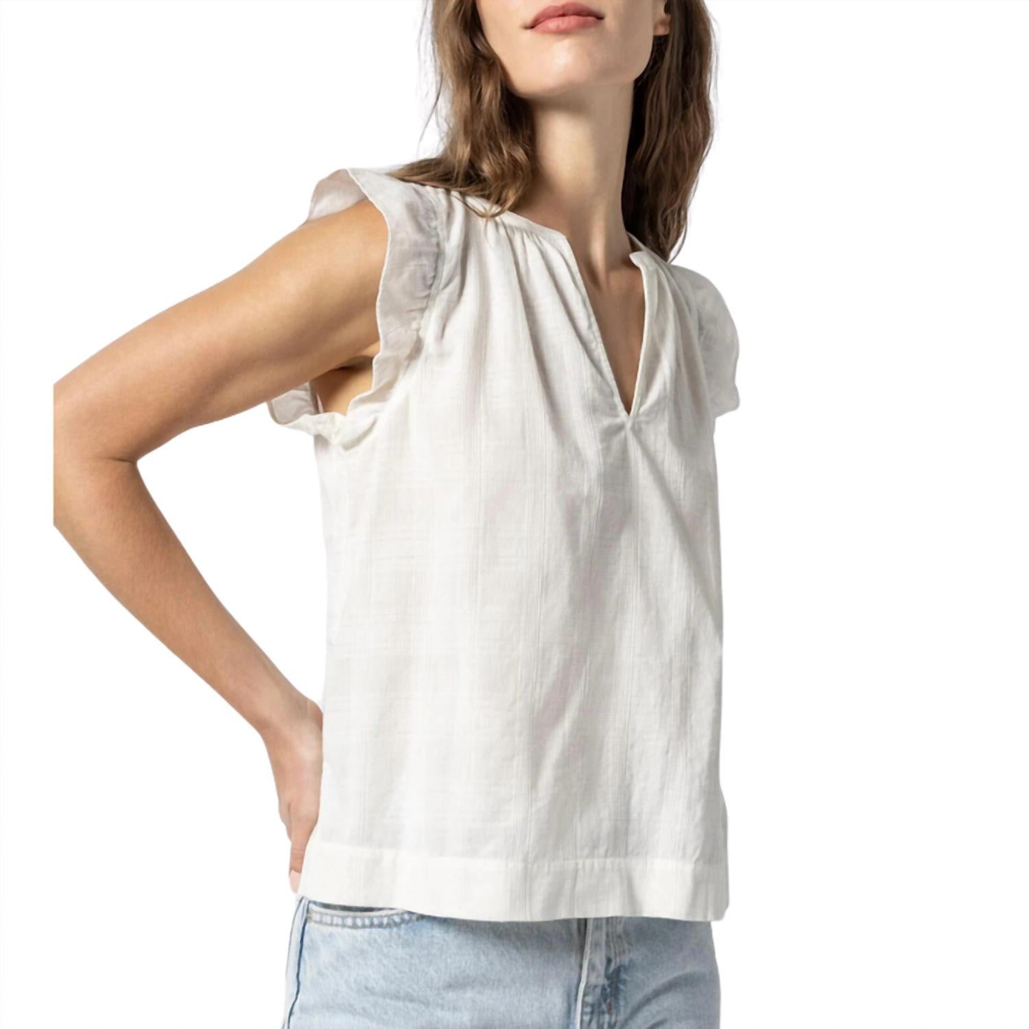 Lilla P Women's Flutter Sleeve Split Neck Top in white - women's blouse - alternate view