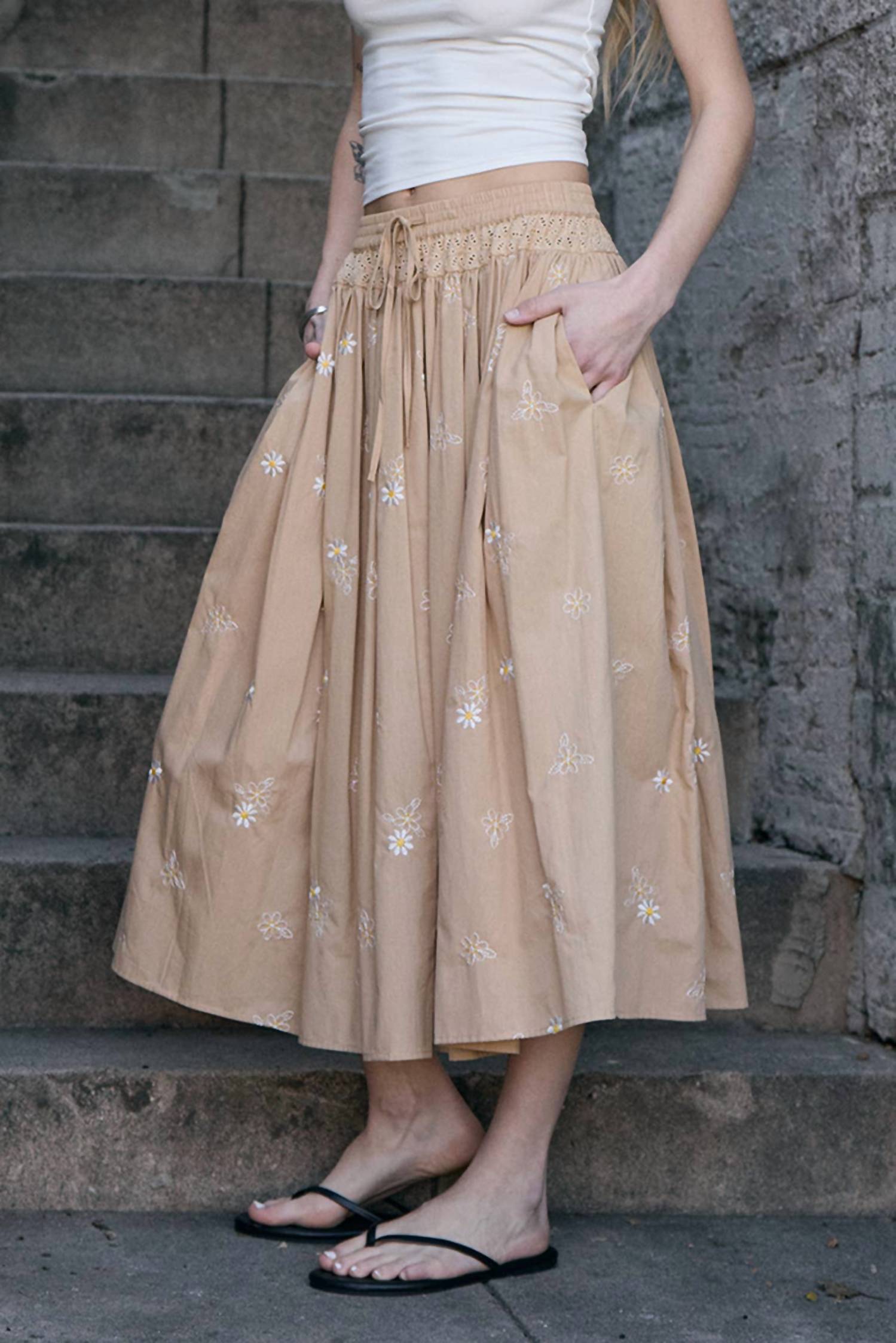 Raisonnel - Daisy Embroidered Smocked Midi Skirt