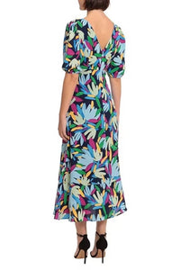 Donna Morgan - Short Sleeve Leaf Print Midi Dress
