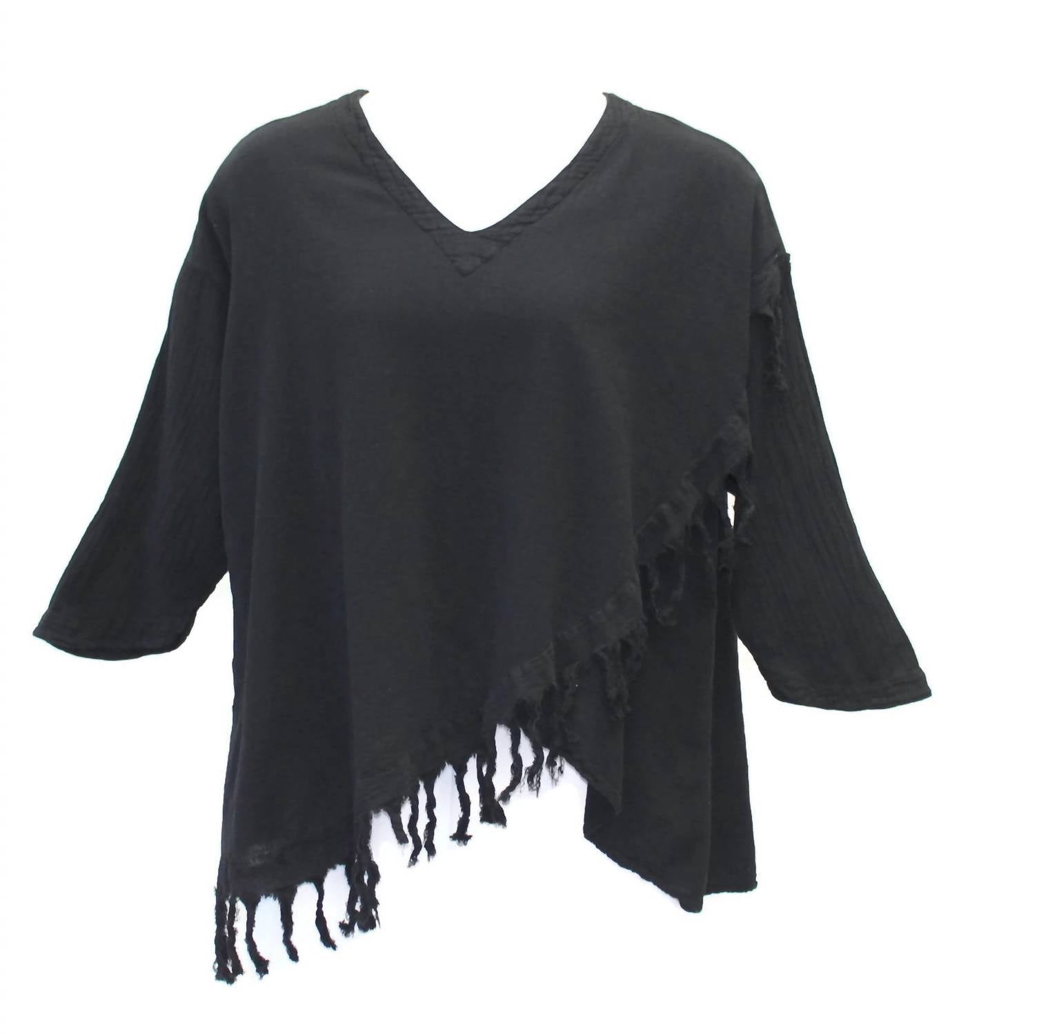 Maria de Guadalajara Women's Fringe Cotton Gauze Top in black - women's blouse