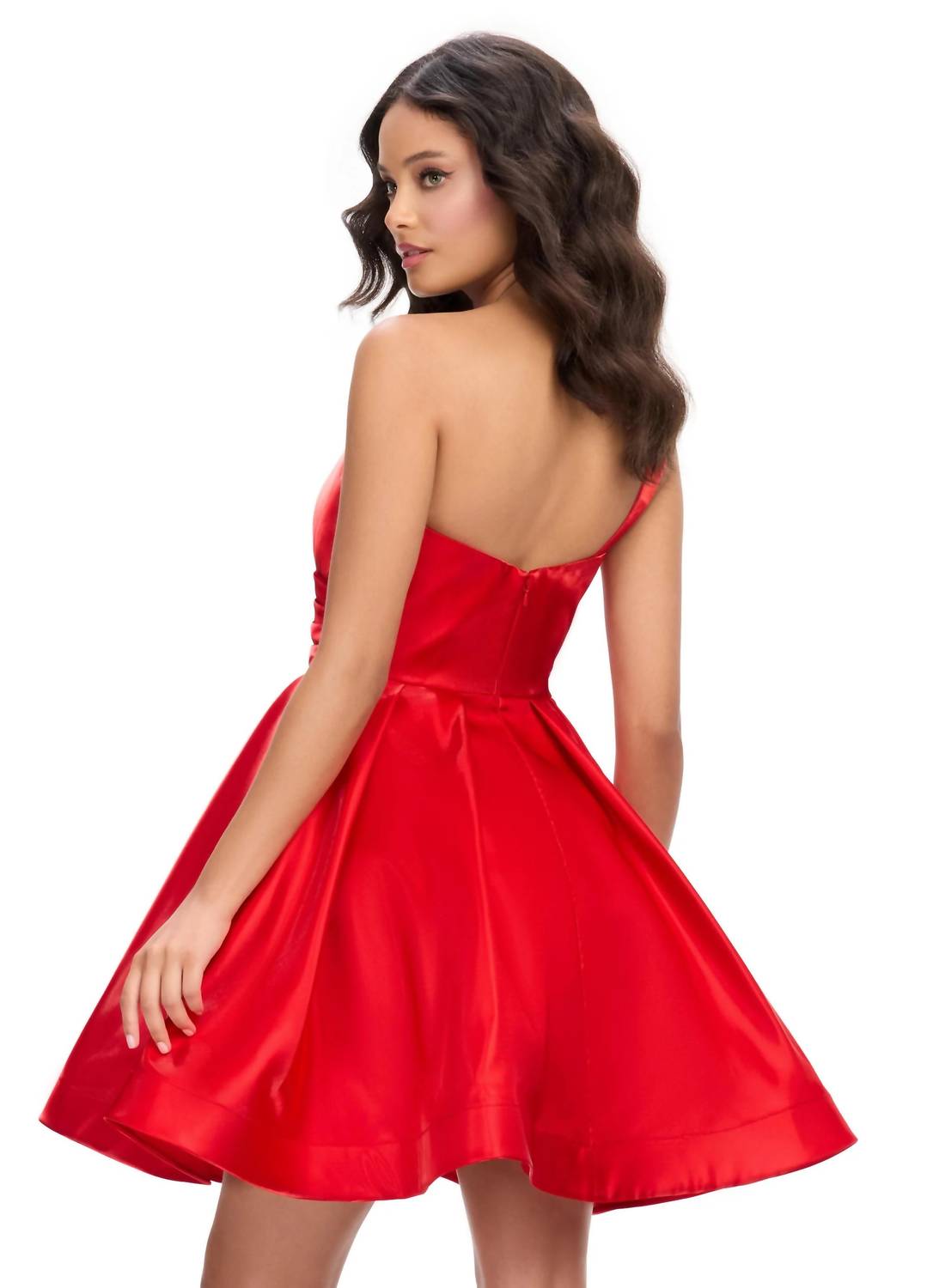 ASHLEYlauren One Shoulder Satin Cocktail Dress in red - women's dress - alternate view
