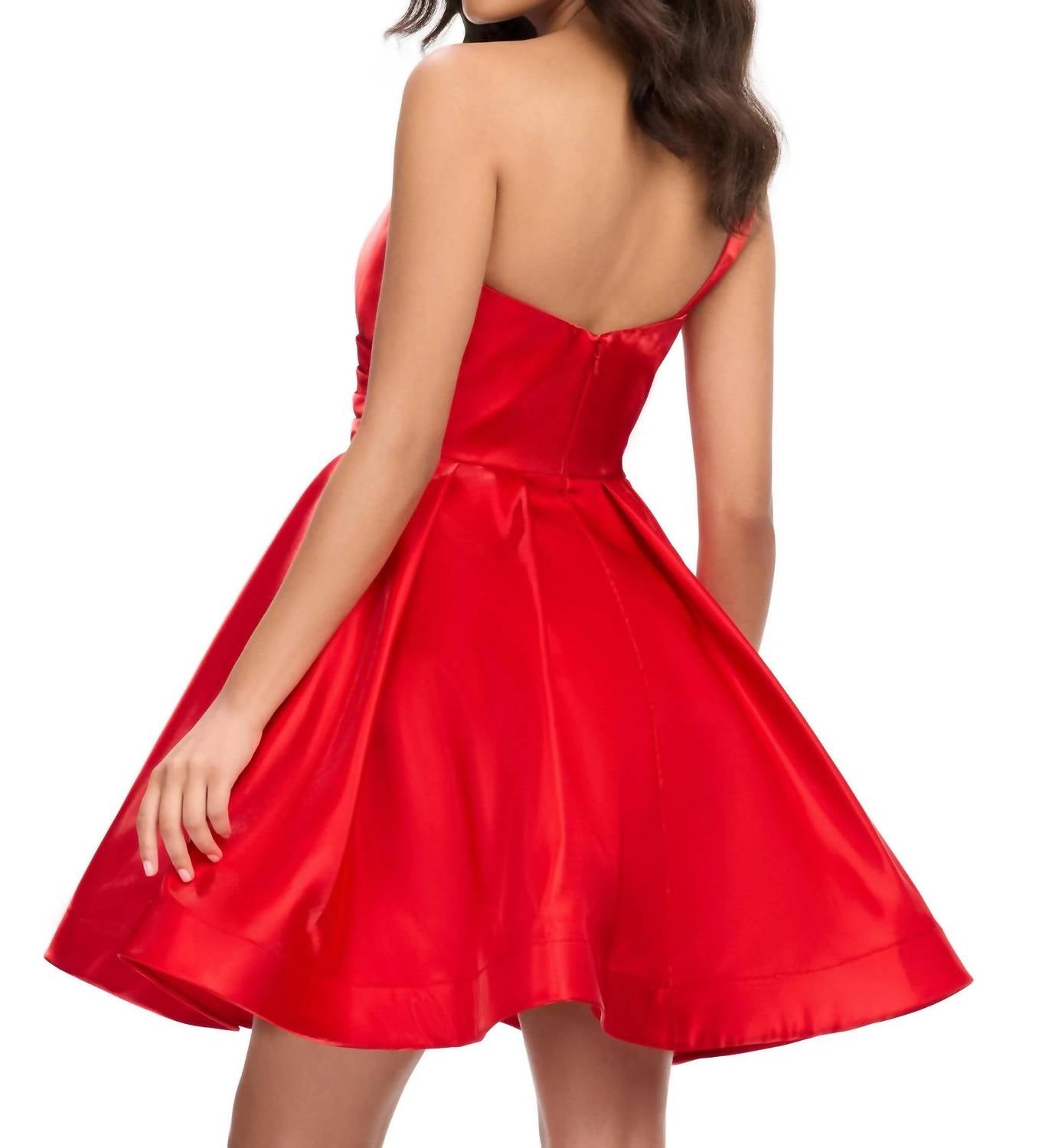 ASHLEYlauren One Shoulder Satin Cocktail Dress in red - women's dress - detail view