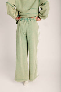 mittoshop Pull On Side Bow Stripe Wide Leg Pants in matcha - women's pants - detail view