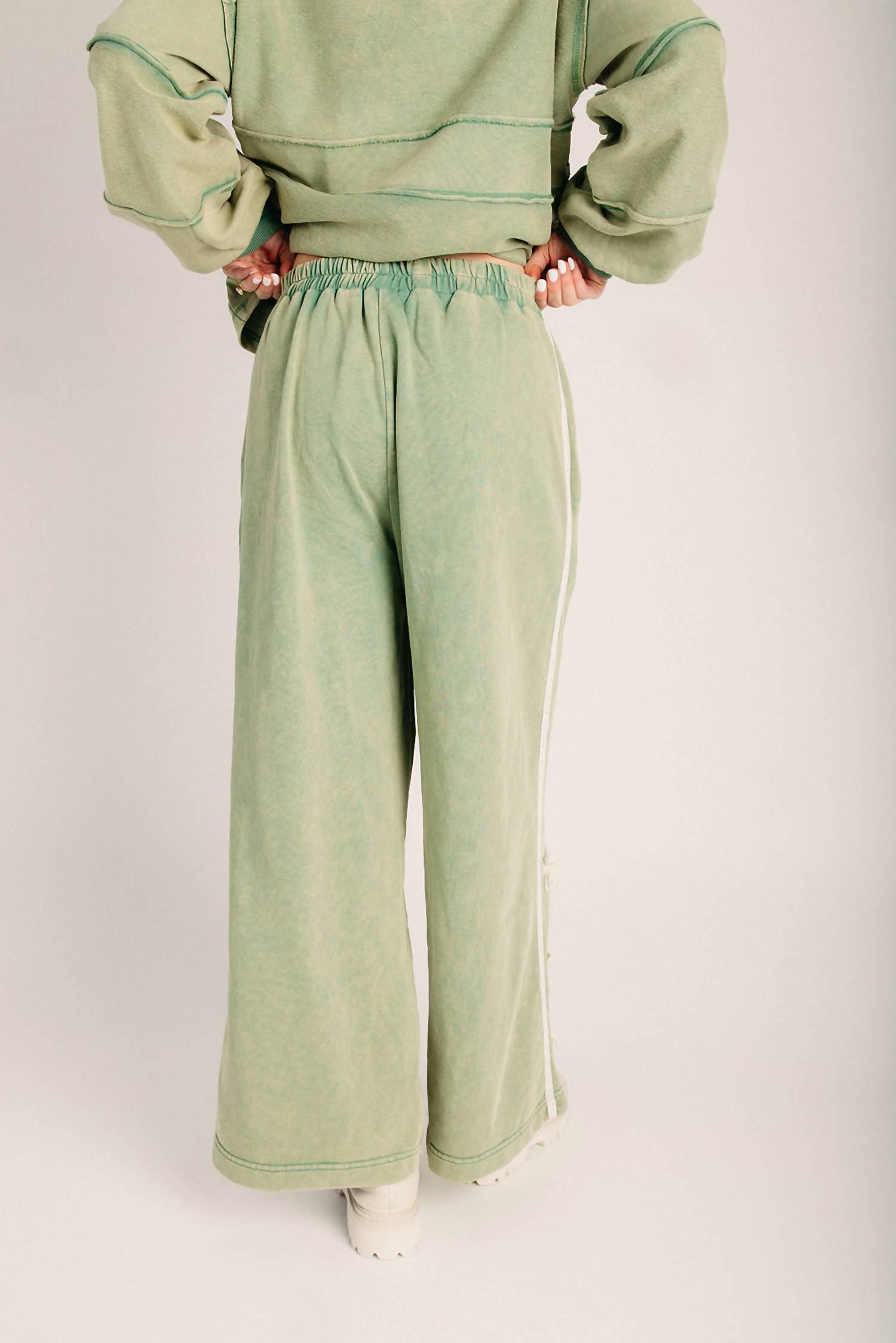 mittoshop Pull On Side Bow Stripe Wide Leg Pants in matcha - women's pants - detail view
