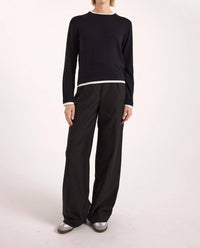 Brodie Cashmere Double Contrast Crew Neck Sweater in black ivory - women's sweater - alternate view