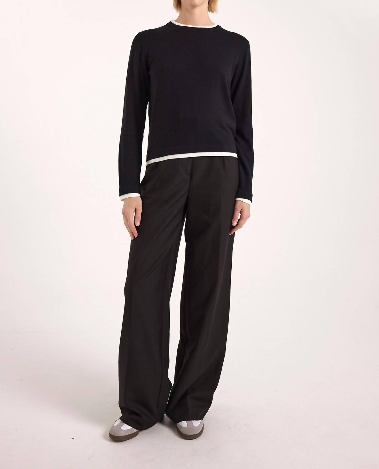 Brodie Cashmere Double Contrast Crew Neck Sweater in black ivory - women's sweater - alternate view