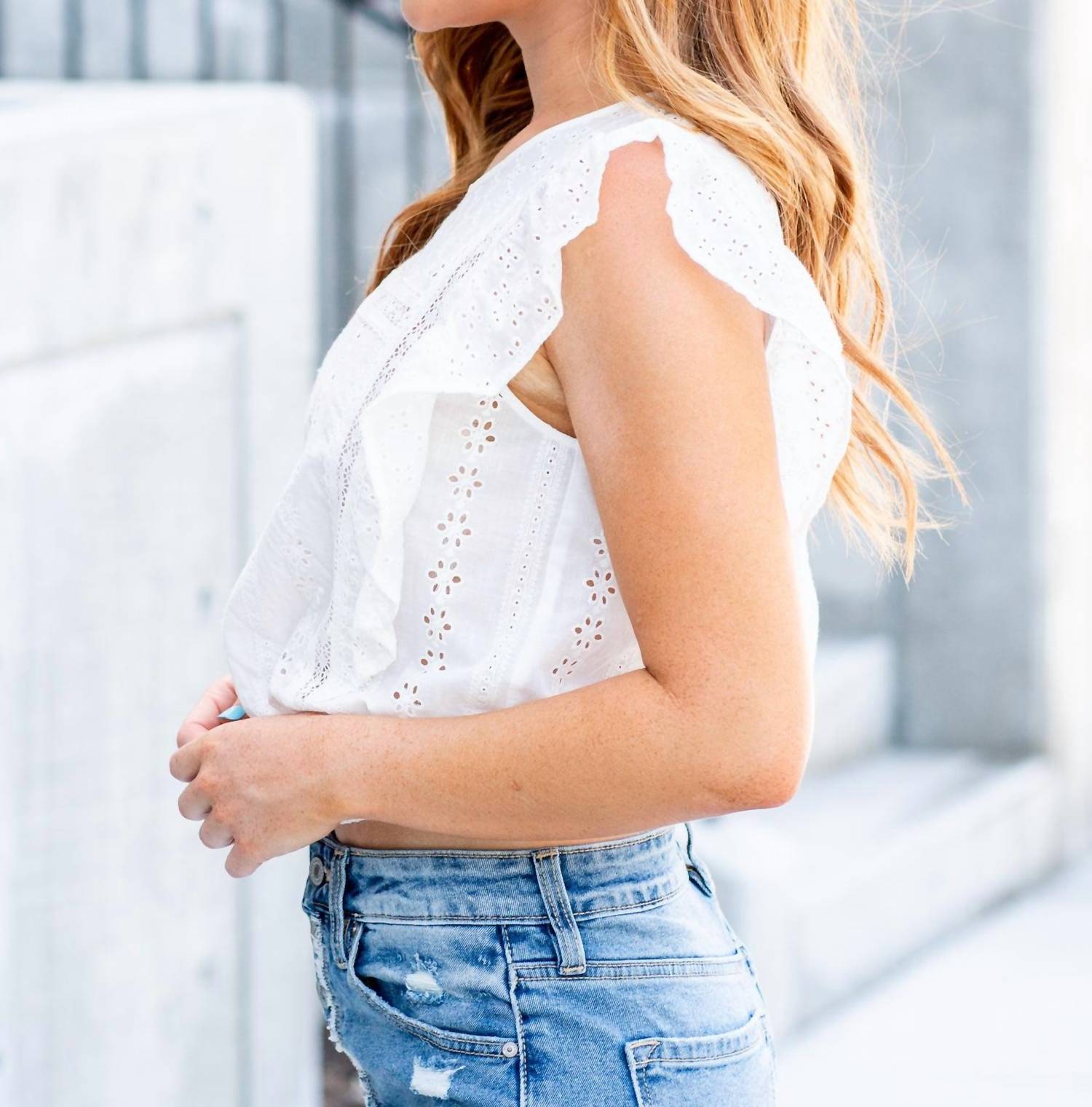 Hem & Thread - Ruffle Sleeve Eyelet Mixed Blouse
