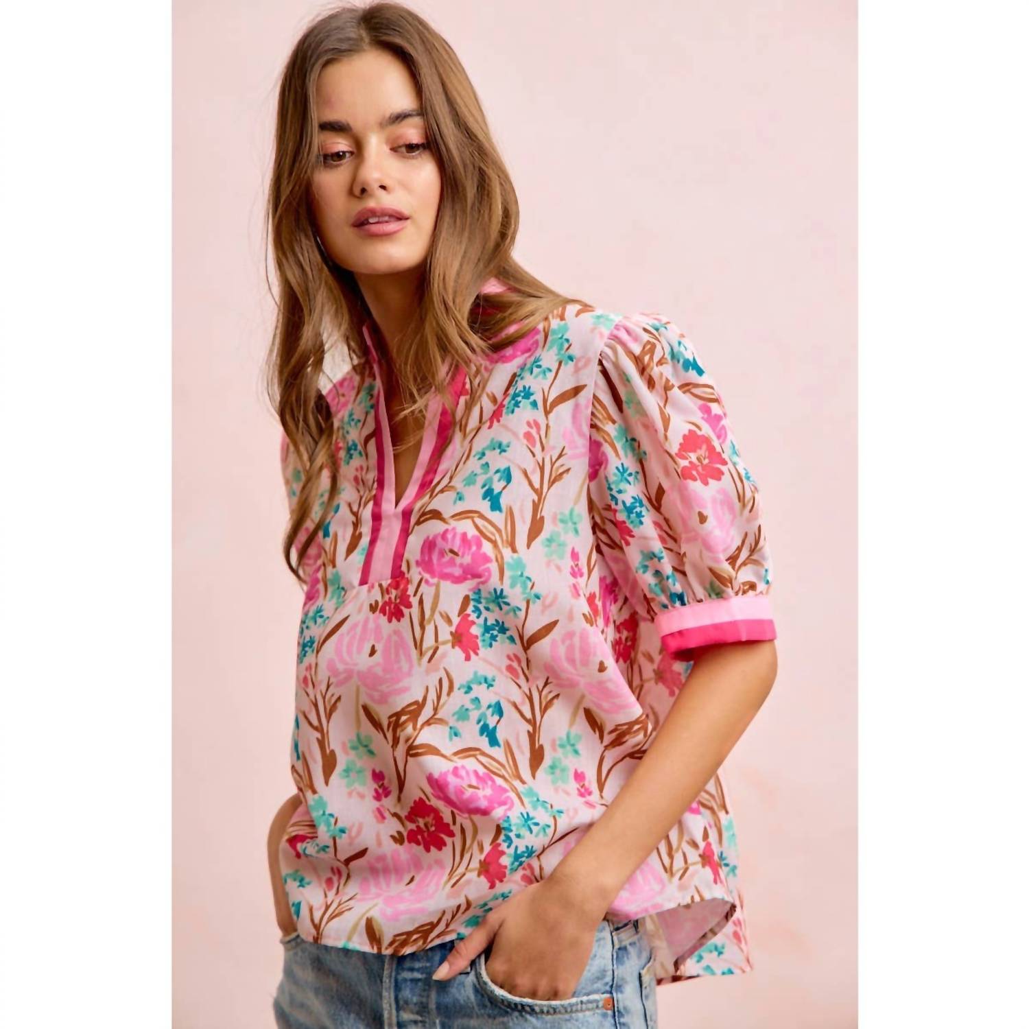 Bibi - Flower Printed Woven Contrast Top