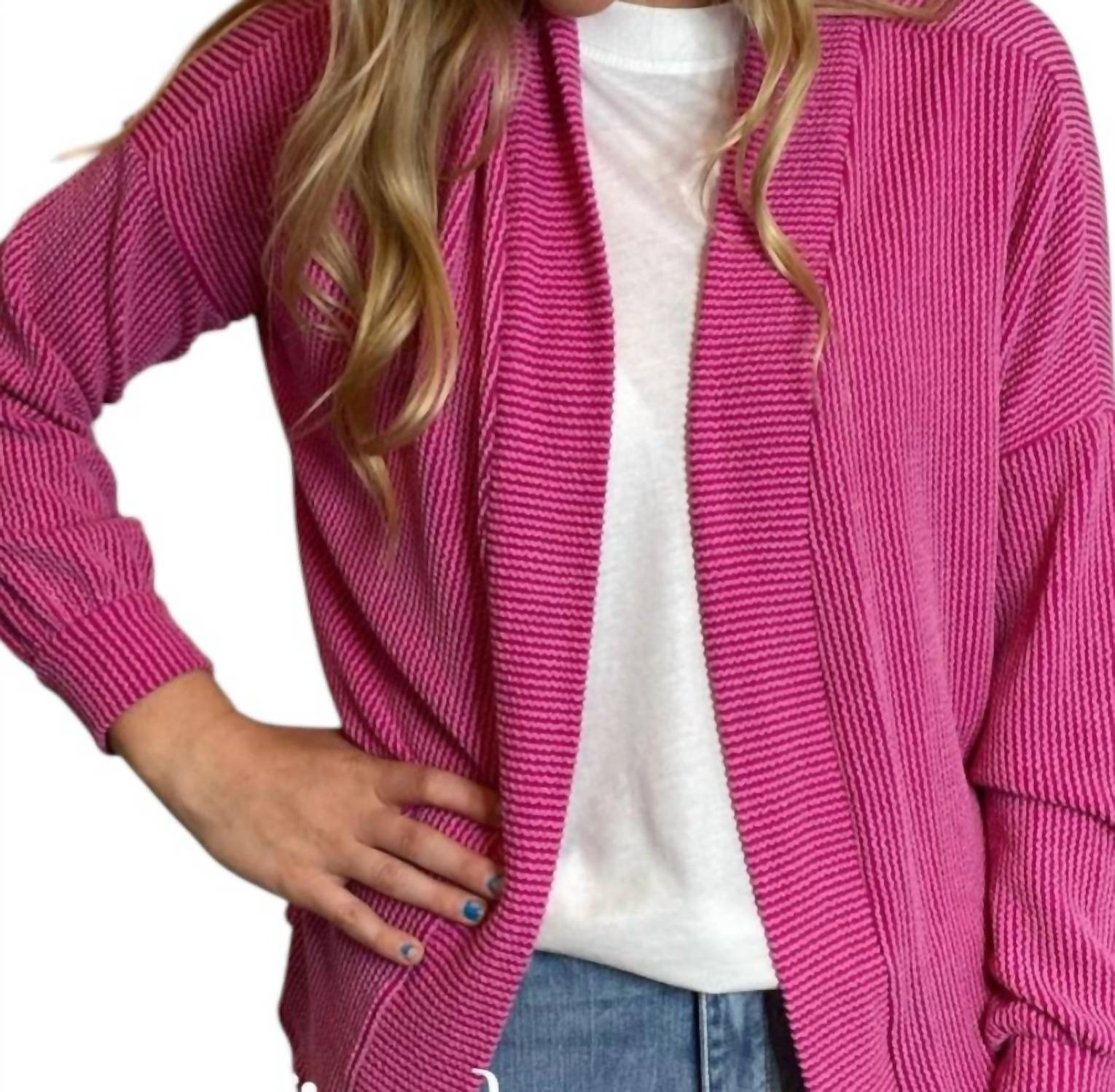 BOMBOM Rib Textured Cardigan in fuchsia - women's cardigan