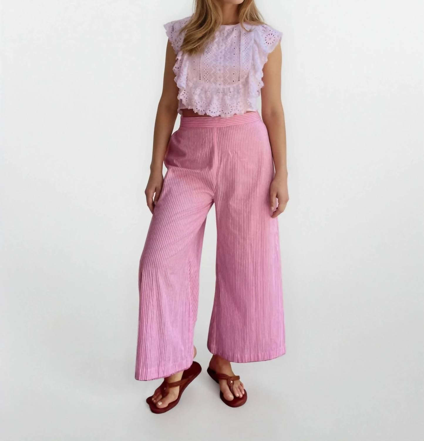NIBI MTK Wide Crop Beach Pant in pink stripe - women's pants