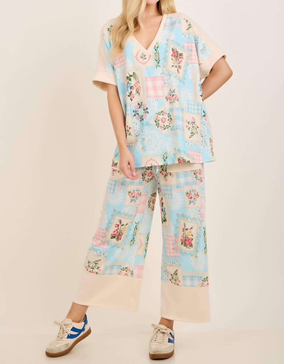 J.Her - Rosy Nostalgia Terry V Neck Top And Pants Set