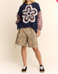 Davi & Dani - Waffle Knit Floral-sleeve Top