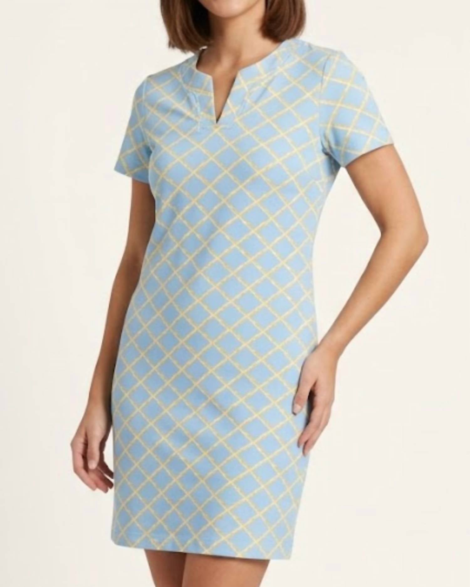 sailor - sailor Lucille Short Sleeve Dress in bamboo lattice tan turquoise - women's dress - detail view