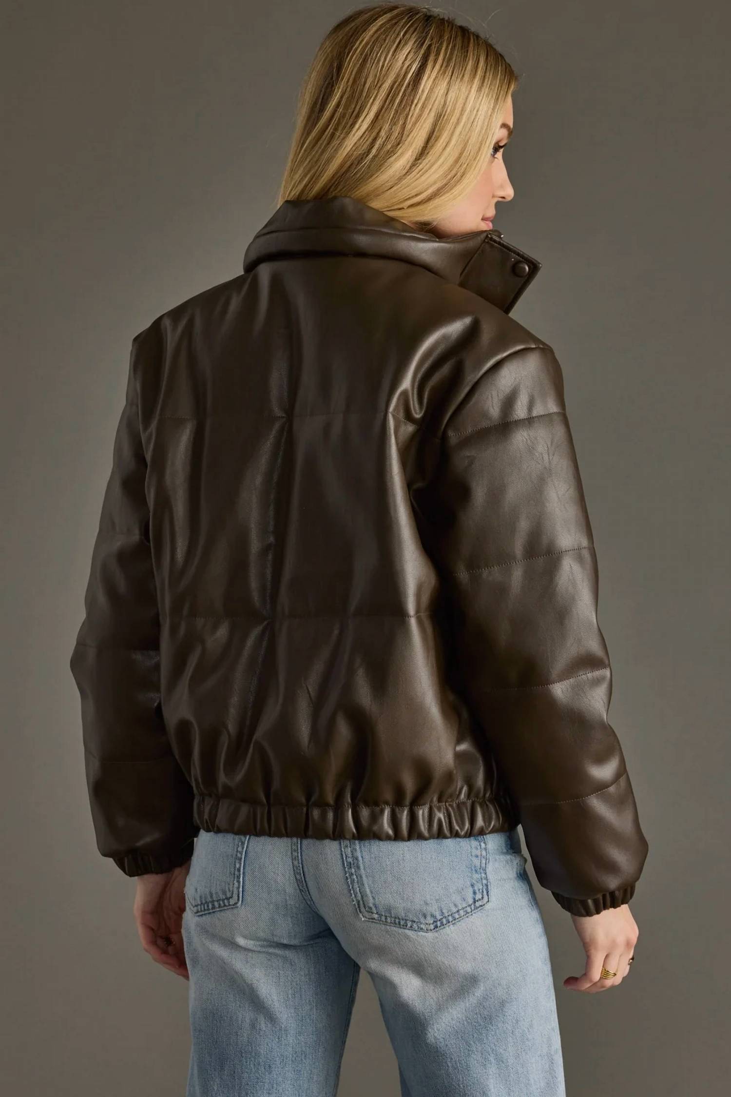 Panache - Faux Leather Cropped Puffer Jacket