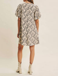 In February - Cream Mini A-line Dress With Black Floral Details - 'savannah Dress'