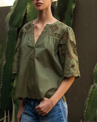 Rose And Rose - Delphinium Cuckooo Flower Embroidered Top