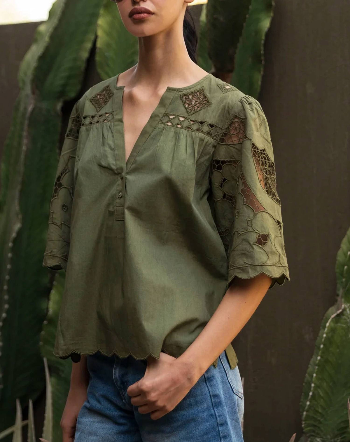 Rose And Rose - Delphinium Cuckooo Flower Embroidered Top