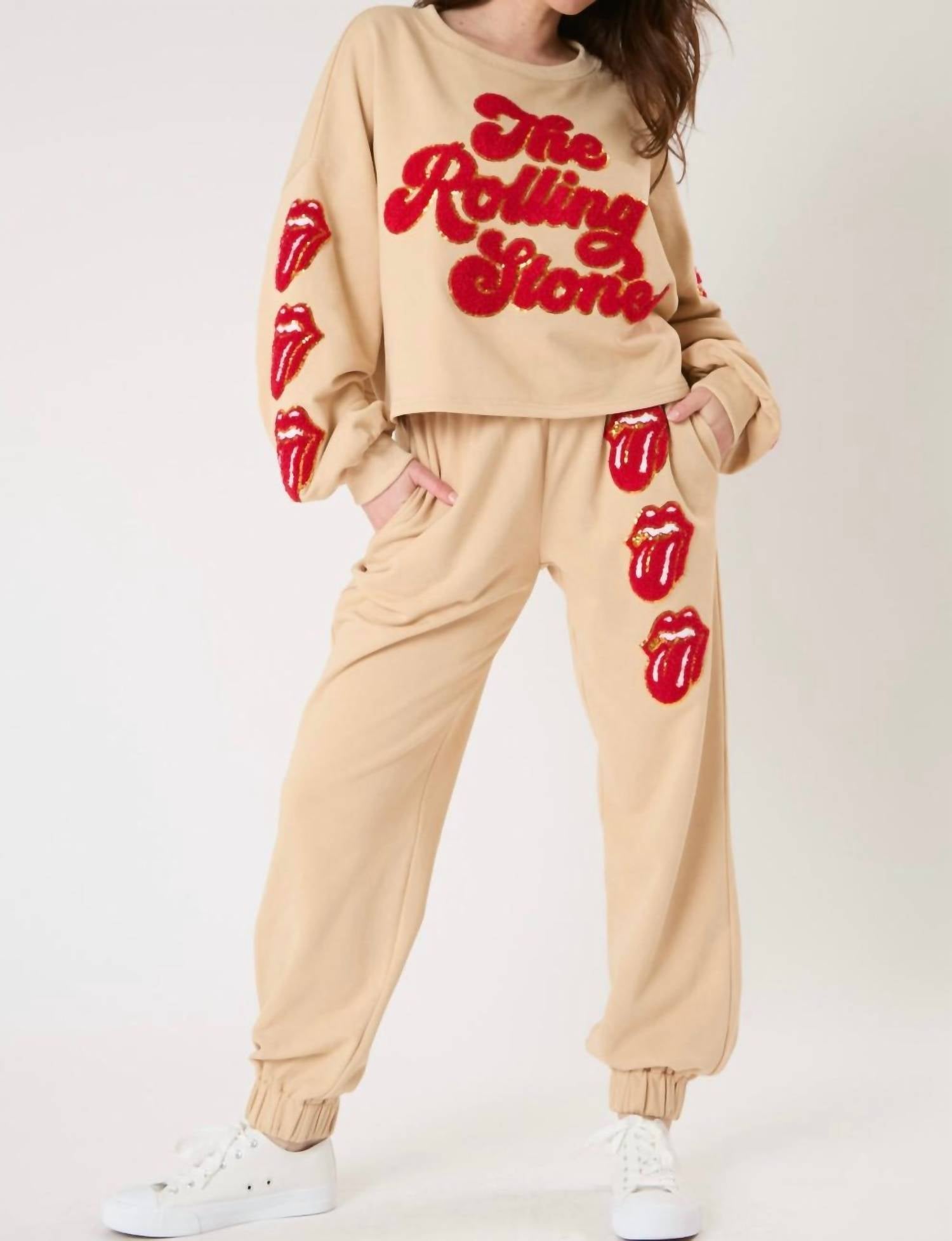 FANTASTIC FAWN Licensed Rolling Stones Joggers in beige - women's pants