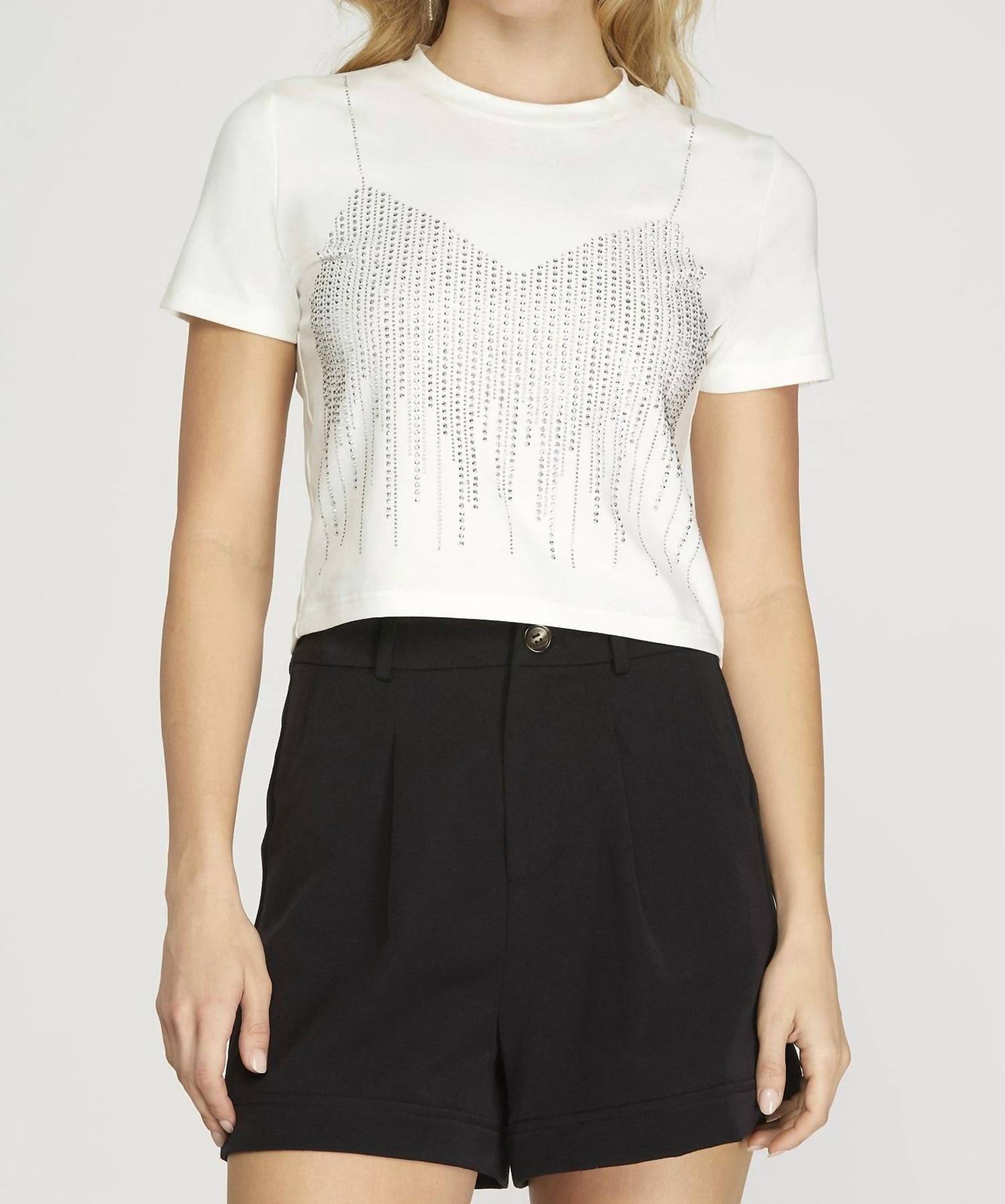 SHE + SKY Rhinestone Faux Bra Embellished T-shirt in off white - women's t-shirt