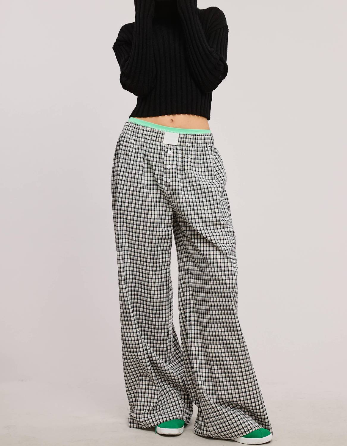 Mimosa Mid Rise Elasticized Waistband Gingham Pattern Pants in black - women's pants - view 4