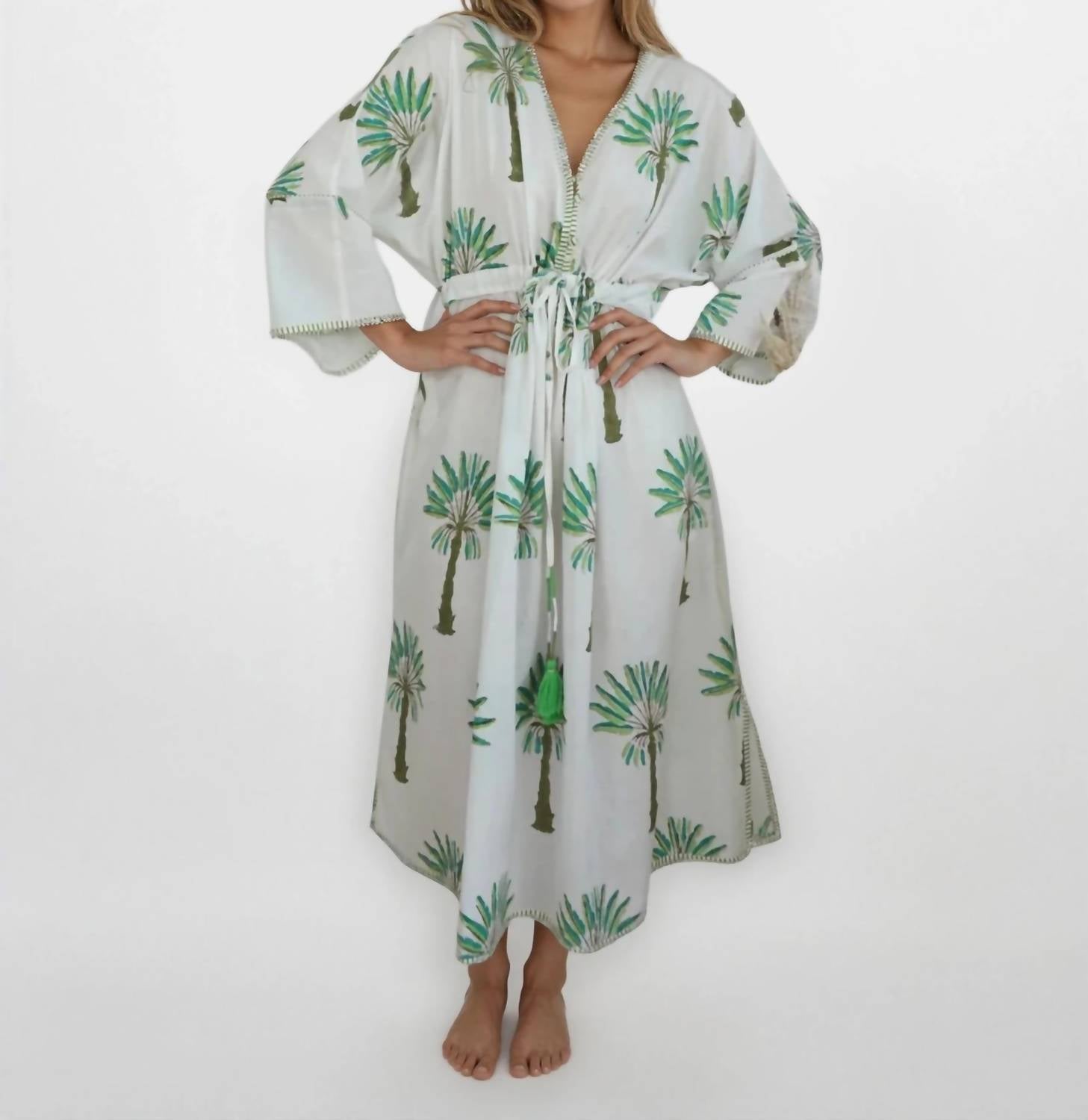 NIBI MTK Rio Kaftan Dress in green palms - women's dress