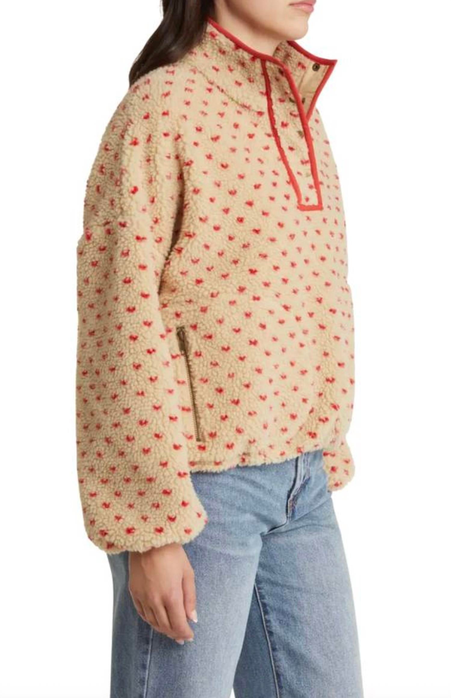 WISHLIST Haley Heart Sherpa Fleece Pullover Sweater in oat red - women's jacket - detail view