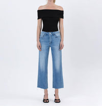Flying Monkey - Lainey High Rise Raw Hem Crop Slim Wide Jeans