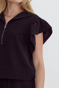 Entro - Half Zip Textured Flutter Sleeve Top