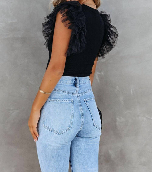 Lovesoft - Dotty Mesh Ruffle Sleeve Ribbed Knit Top