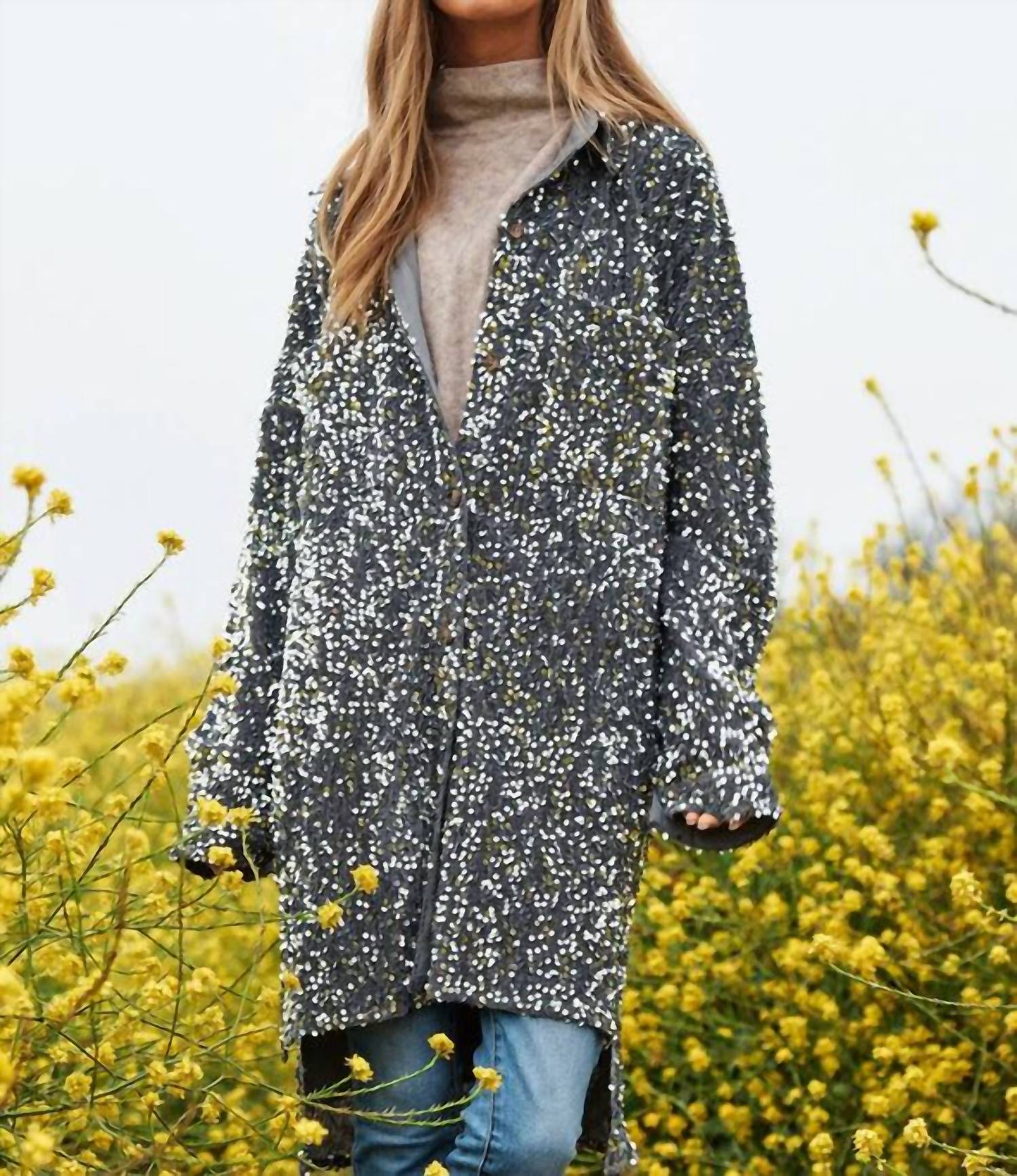 Davi & Dani - Sequins And Velvet Button Down Shirt Dress