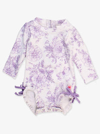 Rufflebutts - Butterfly Garden Toile Long Sleeve One Piece Ruffle Rash Guard Swimsuit