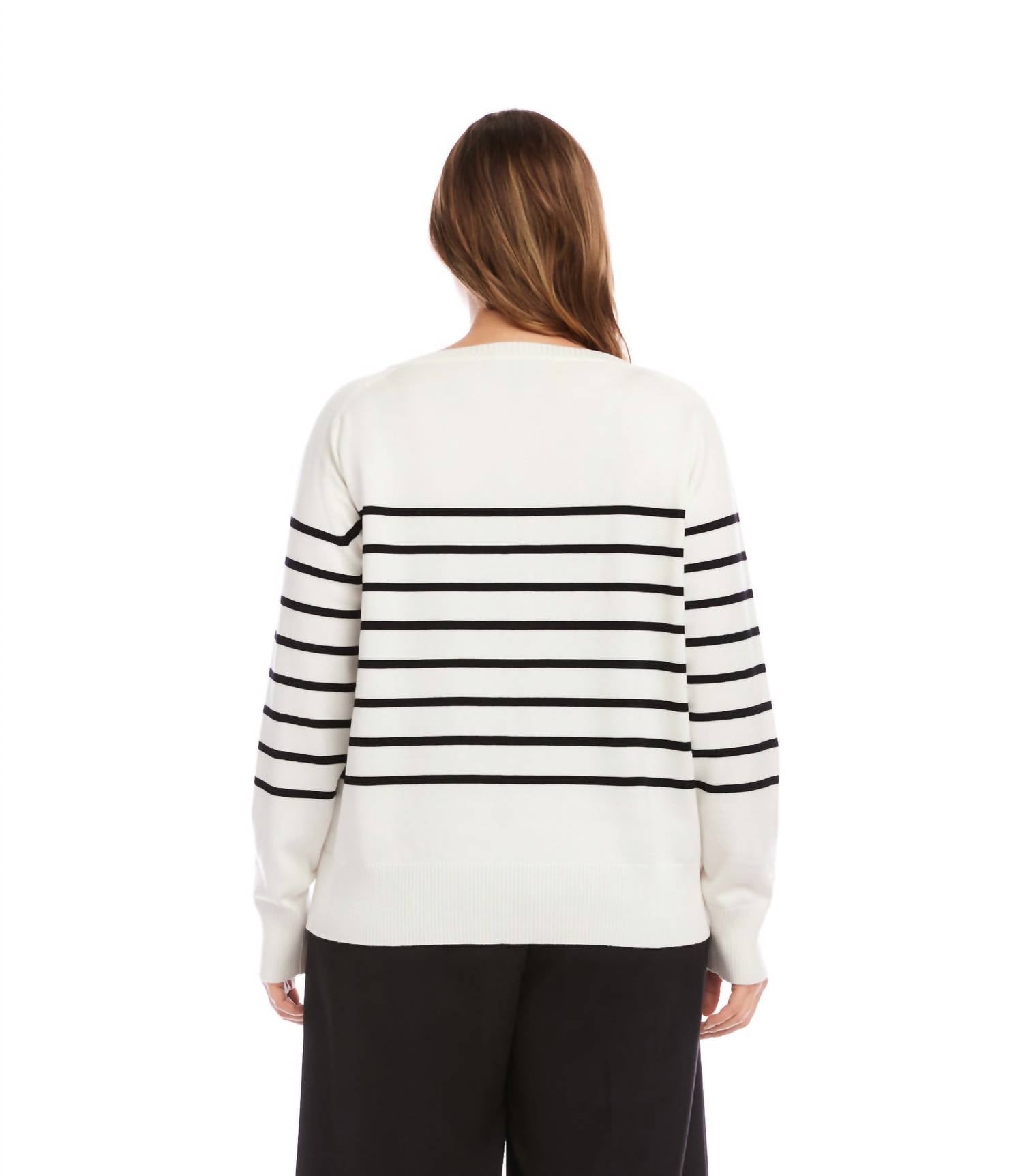 Karen Kane Henley Stripe Sweater - Plus in off white with black - women's sweater - detail view