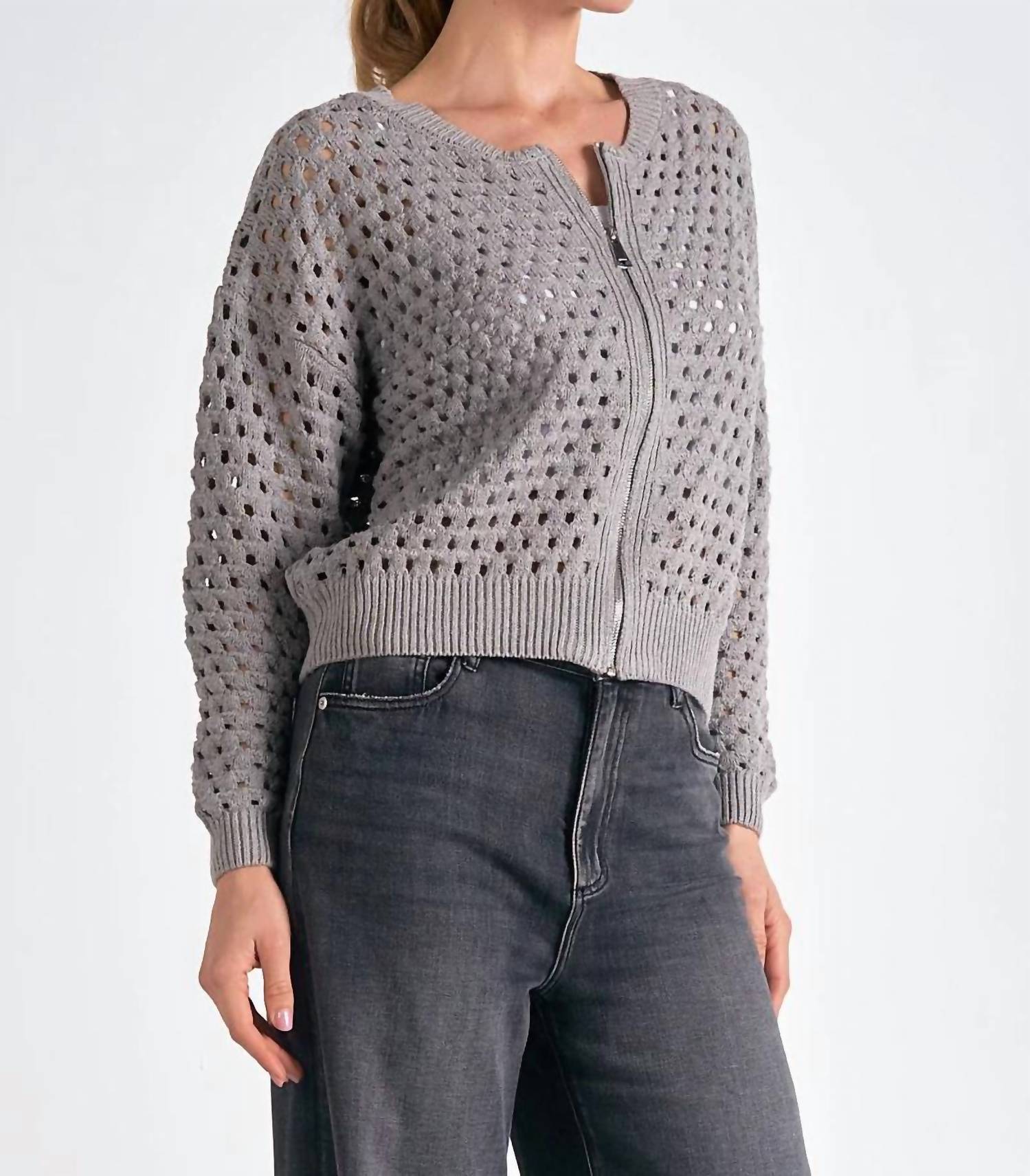 ELAN Aster Crochet Detailing Cardigan in light grey - women's cardigan - alternate view