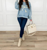 Heimish Usa - Eyelet Bow Applique Raw Edge Sweatshirt