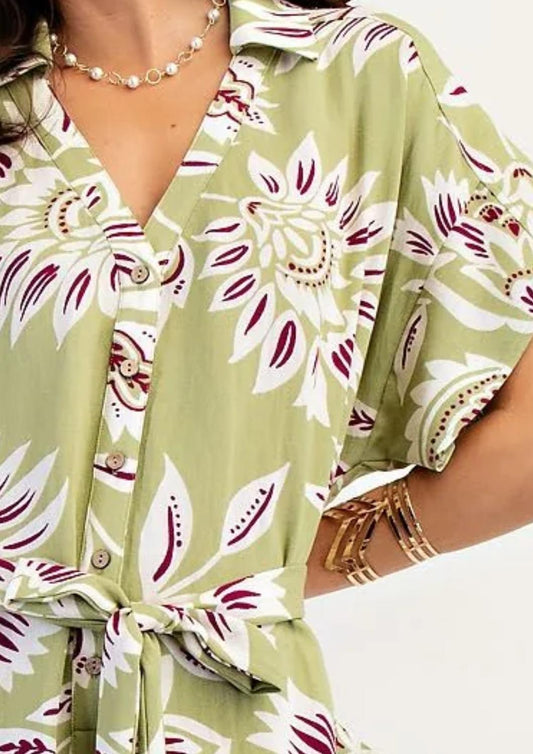 Easel - Short Sleeve Tie-waist Jumpsuit