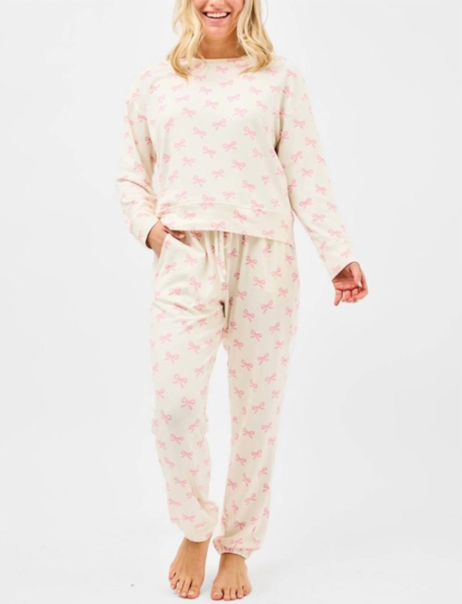 Mary Square Women's Bows Sophie Pant Set in white pink - women's sleepwear