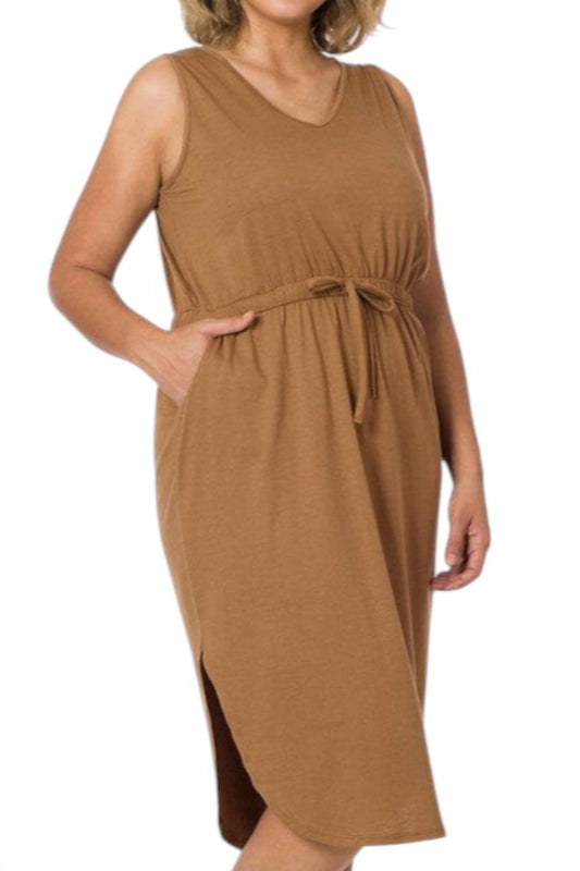 Zenana - Drawstring Waist Curved Hem Dress