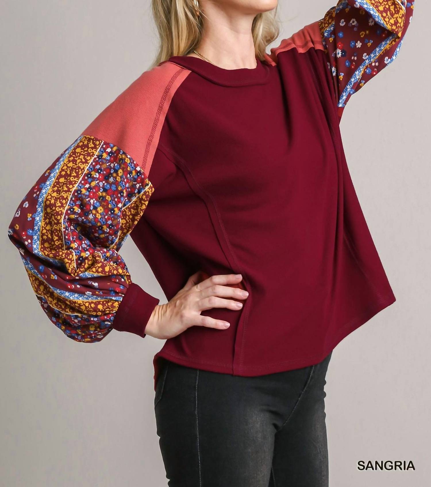 Umgee - Colorblock Contrast Knit With Printed Sleeves Top