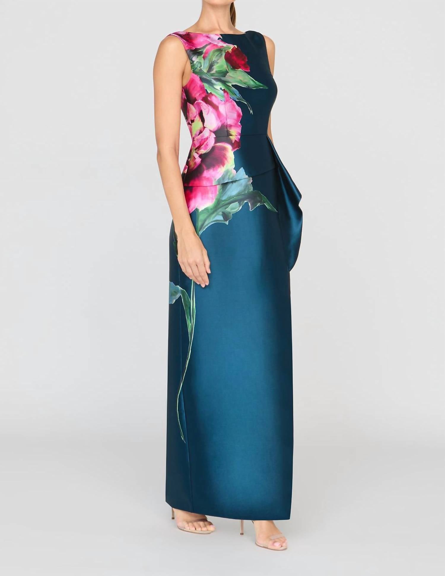 Kay Unger Luciana Column Gown with Flower in blue opal - women's dress - alternate view