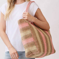 3Am By H&D Accessories - Women's Multicolor Stripe Paper Straw Tote Bag