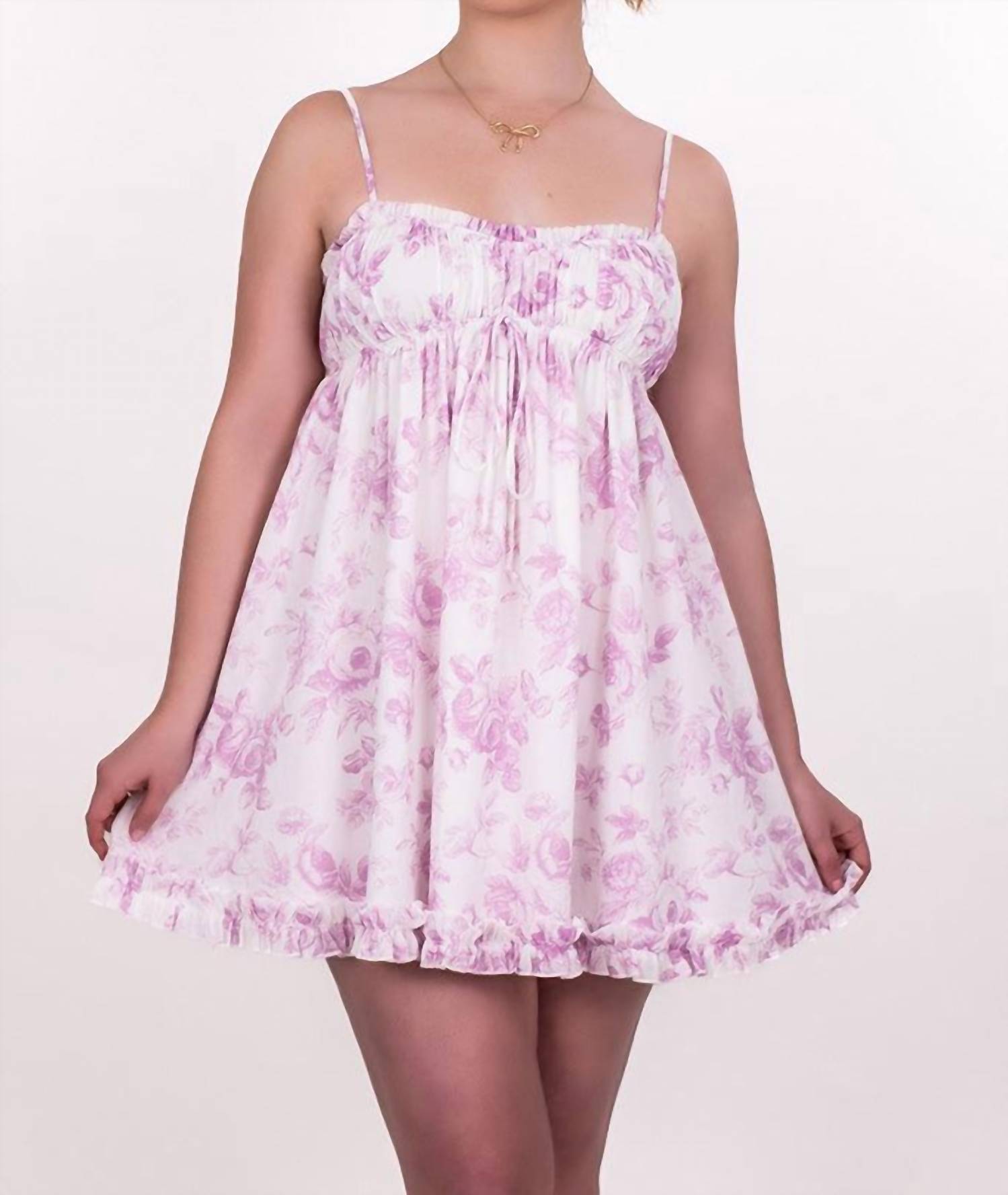 Sky to Moon Toile Floral Ruffle Hem Dress in pink cotton - women's dress
