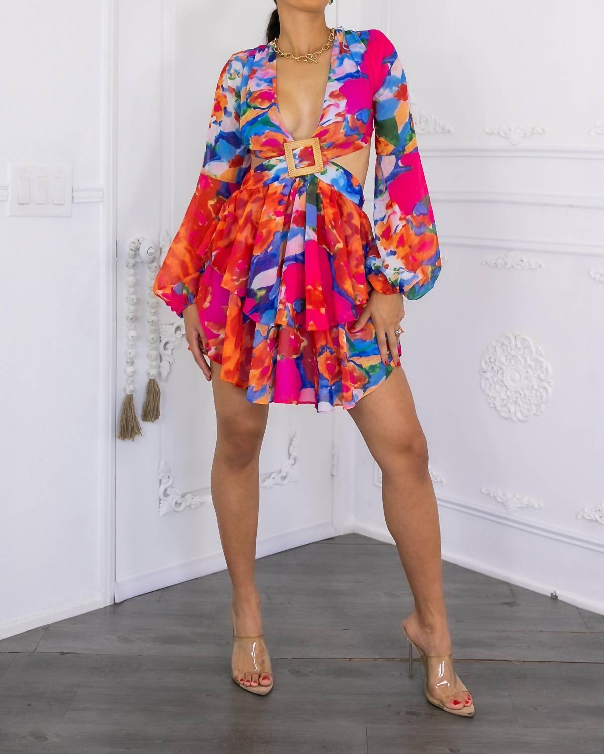 Surelymine - Blooming Bubble Sleeves Cut Out Ruffle Mini Dress