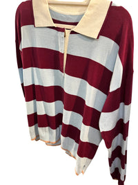 &merci Women's Rugby Stripe Long Sleeve Sweater in burgundy blue - women's sweater