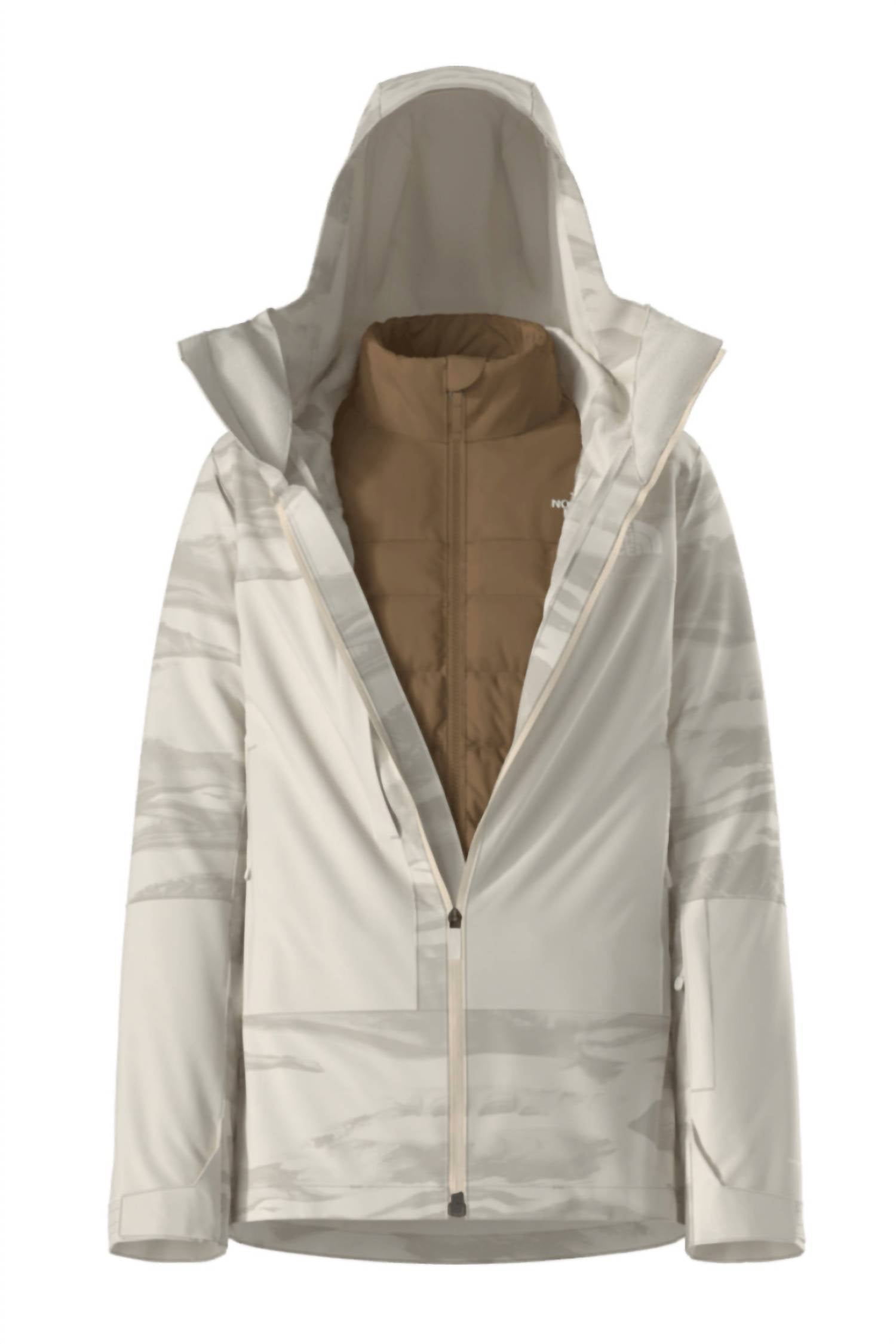 THE NORTH FACE Thermoball Snow Triclimate Jacket in white dune edge of light print - women's jacket - detail view
