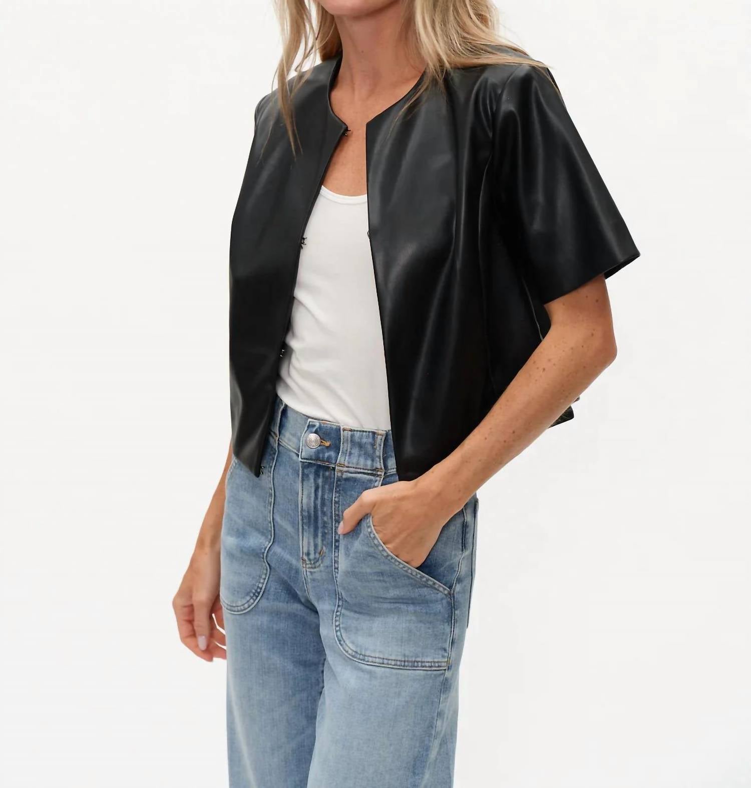 Six/Fifty - Faux Leather Round Neck Jacket