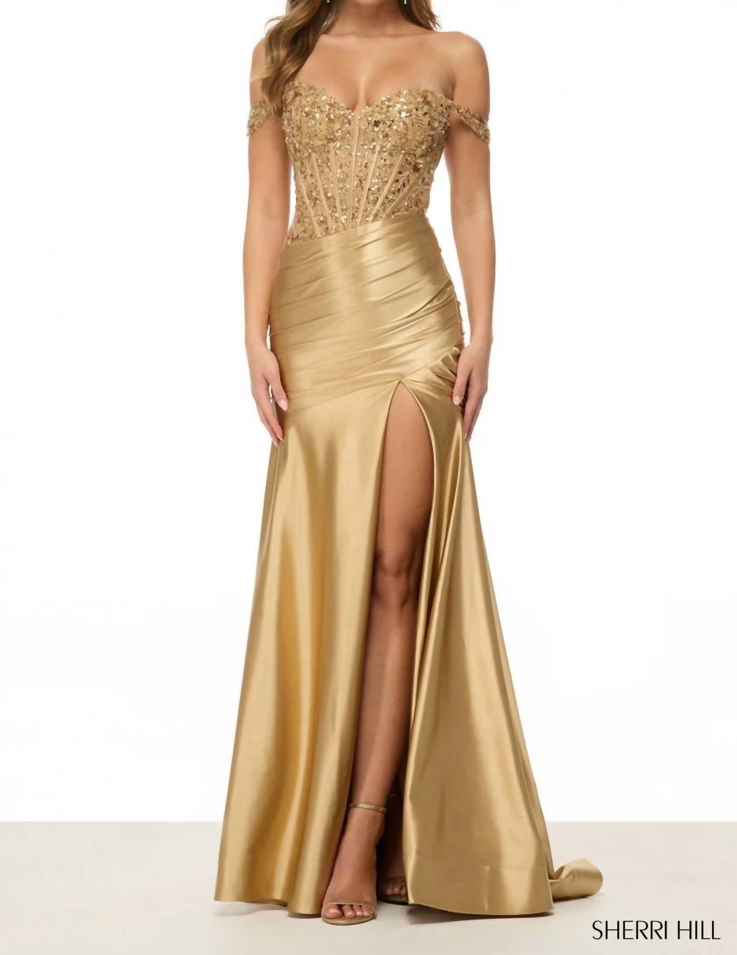 Sherri Hill - Off The Shoulder Gown With Sequin Lace Corset Bodice