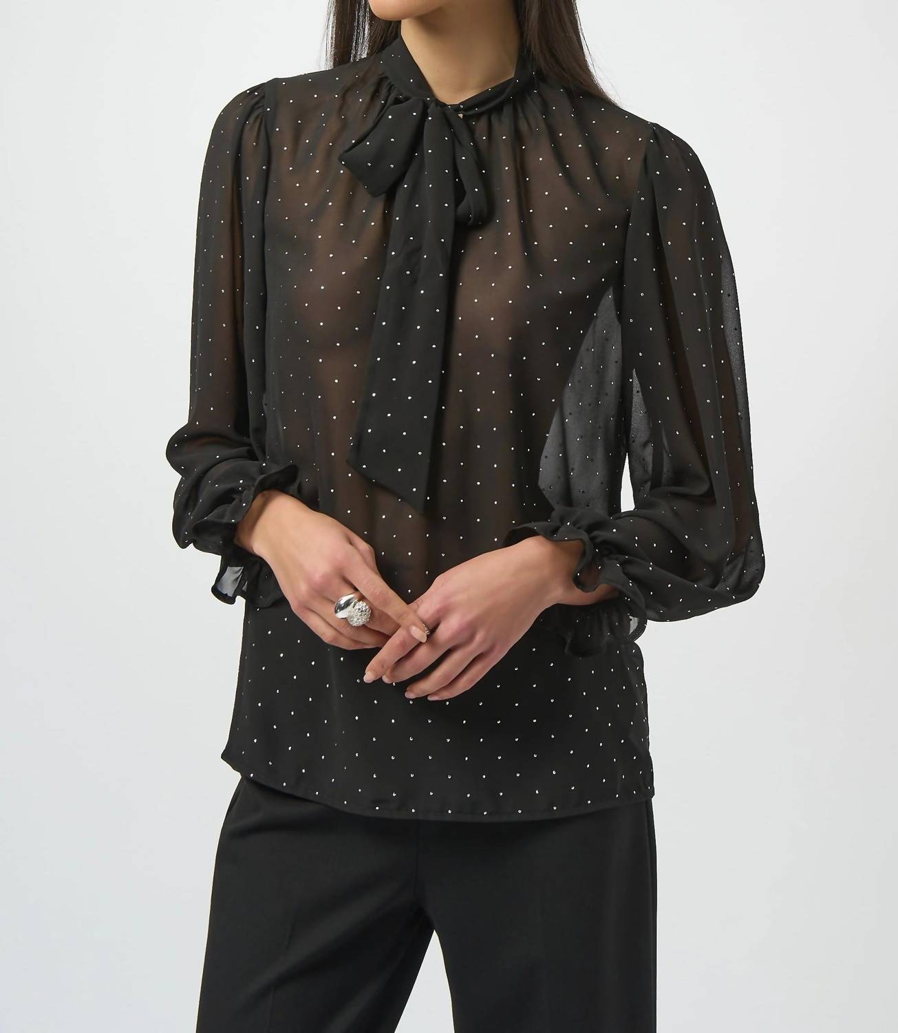 Joseph Ribkoff Studded Sheer Chiffon Pussy Bow Top in black silver - women's blouse