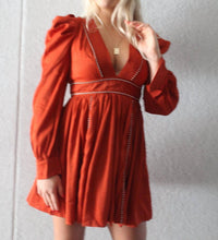 V NECK TRIM DETAIL PUFF SLEEVE MINI DRESS