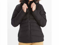 MARMOT Ithaca Lightweight Faux Fur Trim Puffer Jacket in black - women's jacket